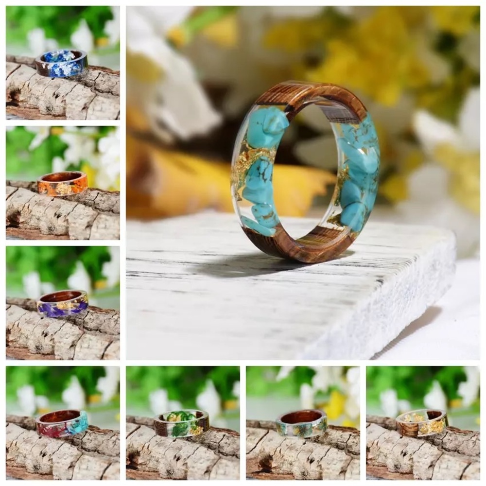 Handmade Wood Resin Ring Flowers Transparent